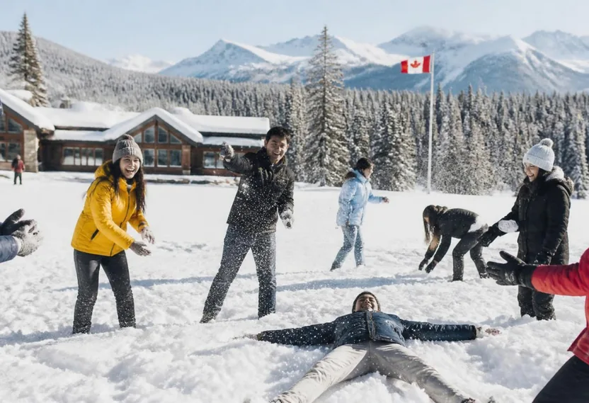Estudiantes jugando en la nieve en Canadá